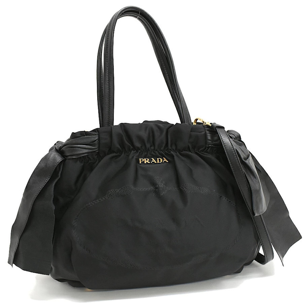 Prada Tote Tessuto Saffiano Bag Side Ribbons Jacquard Leather Black